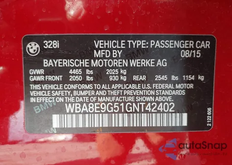 2016 BMW 328I from USA, damaged, VIN WBA8E9G51GNT42402
